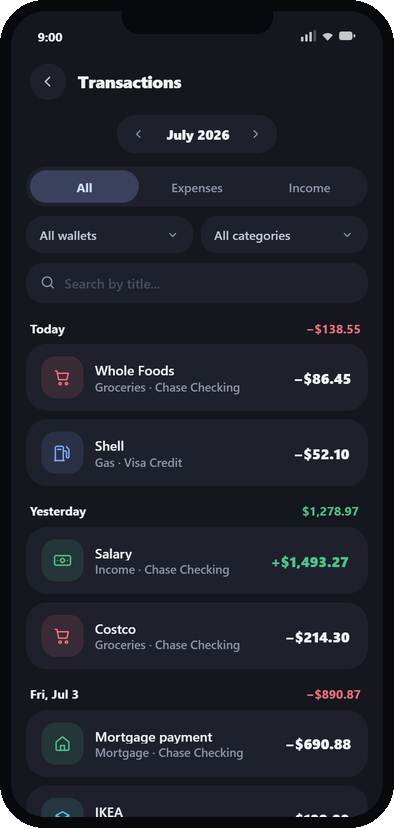 Budget Habit — transactions grouped by day